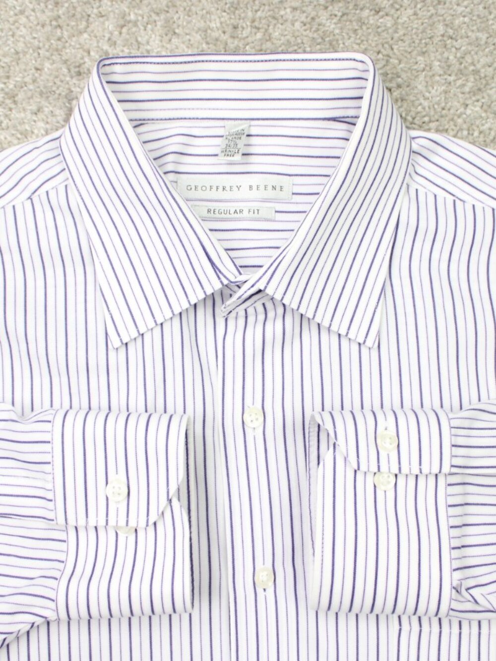 Geoffrey Beene Shirt Men XL 17 1/2 34/35 Purple Striped Wrinkle Free Long Sleeve